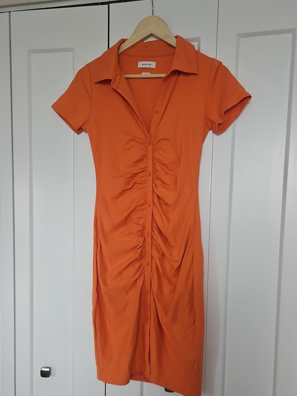 Babaton Orange Ruched Midi Shirt Dress